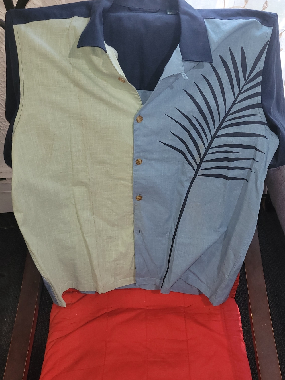 Two-Tone Palm-Print Camp Shirt in Light Green & Light Blue